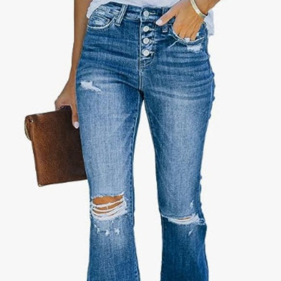 Allimy Denim - Allimy Women's High Waisted Ripped Bell Bottom Jeans Flare Destroyed Denim Pants